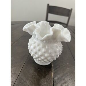 Fenton White Hobnail Milk Glass Ruffled 4 1/4"Vase Double Crimped Rose Bowl